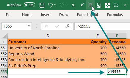 The data set extends to row 564. In cell F565, enter >19999 and then click the AutoFilter icon.