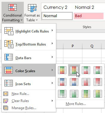 On the Home tab of the Ribbon, choose the Conditional Formatting drop-down menu. Then choose Color Scales. Choose the second tile, which has Red for high numbers, yellow for medium numbers, and green for low numbers.