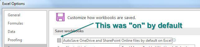 Go to Excel Options and choose Save along the left. Find and turn off the setting for AutoSave OneDrive files and SharePoint Online files by Default in Excel.