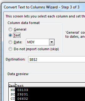 Still looking at Step 3 of the Wizard, choose the  heading for the second column and declare zip codes to be Text.