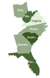 This filled map chart shows the states of Ohio, West Virginia, Virginia, North Carolina, South Carolina, Georgia, and Florida. Each state is lighter or darker based on the number associated with the state. In this particular chart, it is the number of miles logged in each state when driving from Akron  Ohio to Cape Canaveral.  You spend 180 miles in WV, SC, and FL but only 50 miles to cross the narrow part of western Virginia.