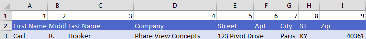 The data is now presented left to right in a logical order. First Name, Middle Initial, Last Name, and so on. At this point, you can delete the temporary row 1. 