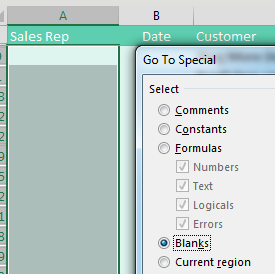 With the data in the #2 view, all of the Sales Rep fields are empty on the Customer Subtotals. Select all of the blank cells. In the Go To Special dialog, choose Blanks.