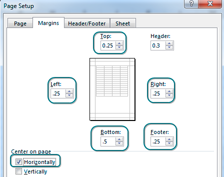 In the Margins tab of Page Setup, choose 0.25 for Top, Left, Right, Footer. Type 0.5 for Bottom. In the Center on Page section, choose Horizontally.