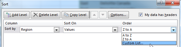 This screenshot shows detail of the Sort dialog. It says Sort by Region, Sort on Values. In the Order dropd-down menu, you can choose A to Z, Z to A or Custom List. Choose Custom List.